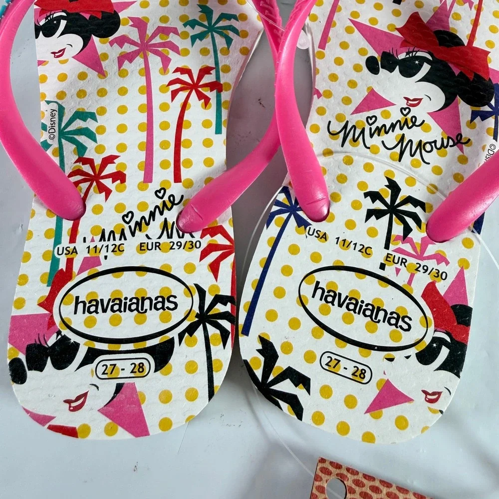 NWT Havaianas Disney Minnie Mouse Flip Flops Kids Girls 11/12C White Pink Flux